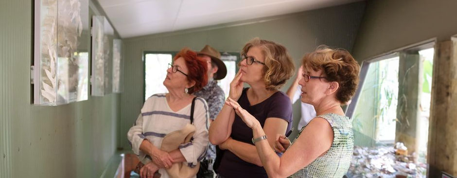 Artist explains works hanging in gallery to people at the Territory Wildlife Park.