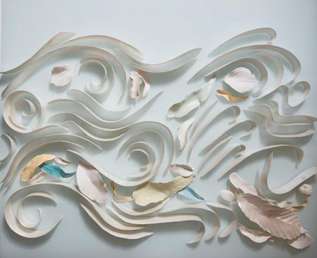 The second panel in a large five-panel ceramic artwork on glass. Ceramic ribbons, leaves and pebbles mimic the flow of water in a monsoon vine forest.