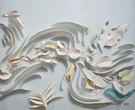 The fifth panel in a large five-panel ceramic artwork on glass. Ceramic ribbons, leaves and pebbles mimic the flow of water in a monsoon vine forest.