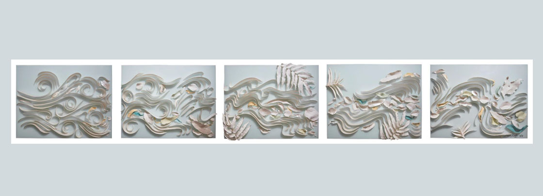 A large five-panel ceramic artwork on glass. Ceramic ribbons, leaves and pebbles mimic the flow of water in a monsoon vine forest.
